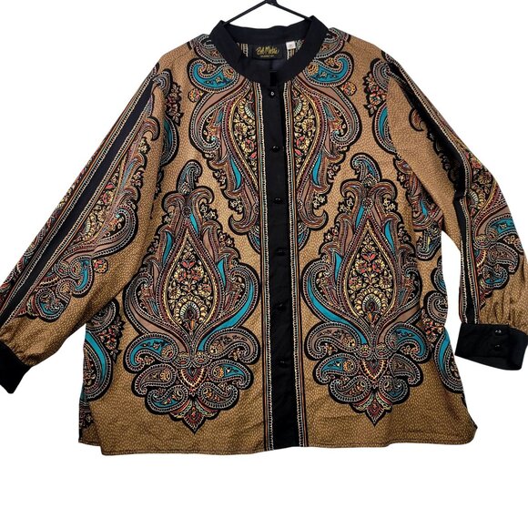 Bob Mackie Wearable Art Paisley Button-Up Shirt 3X Plus Size Button Front Top - Picture 1 of 10